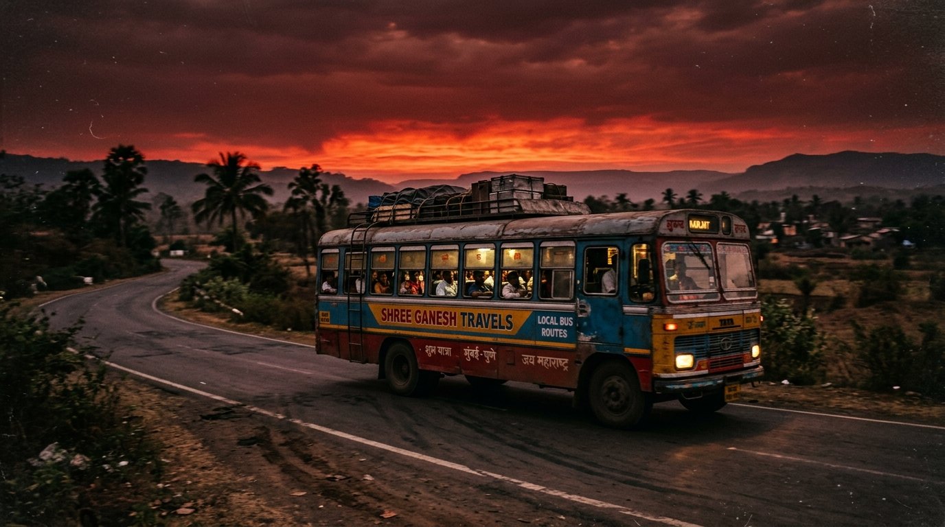 Retro Indian Bus Driving on Highway